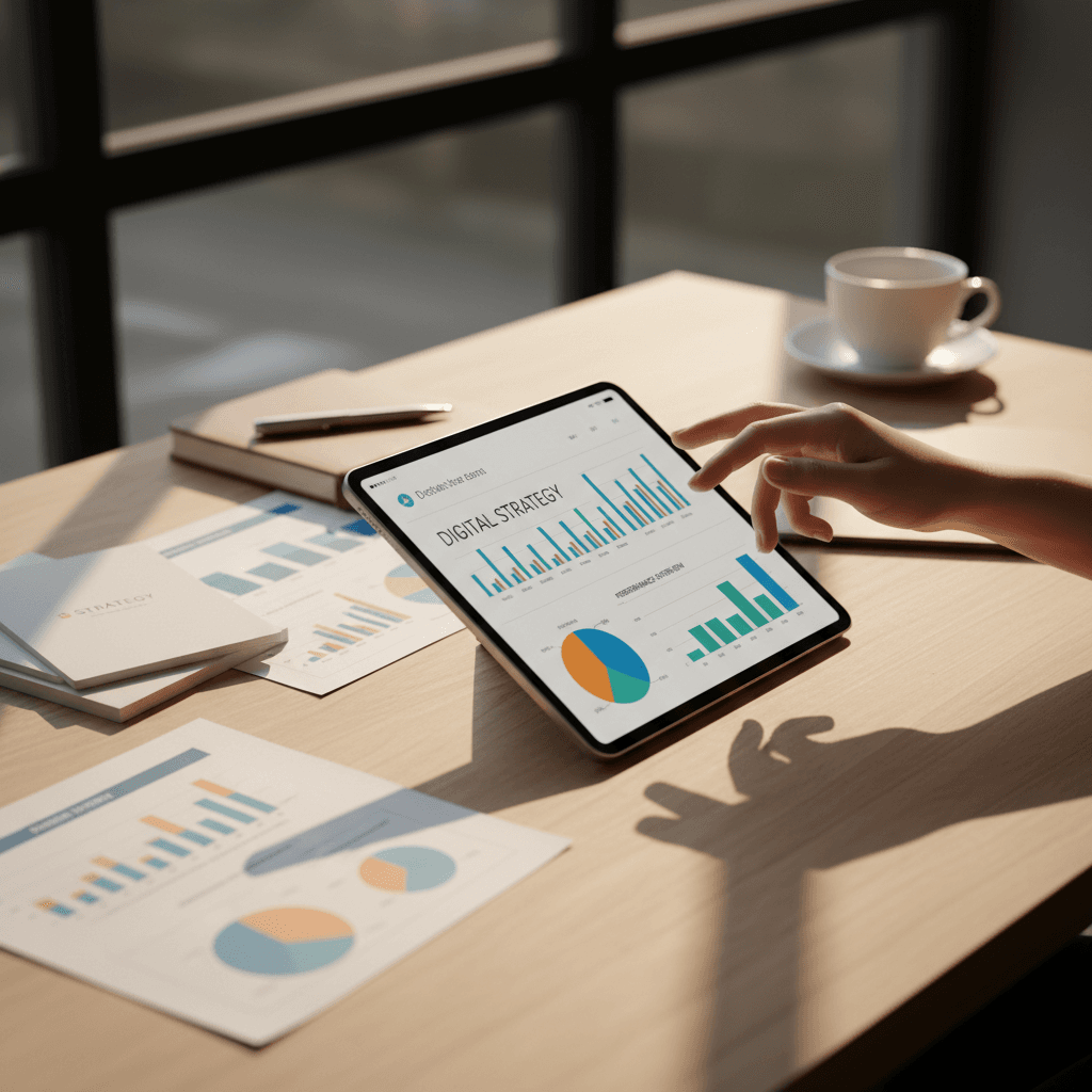 Business consultant reviewing growth strategy with marketing documents and laptop